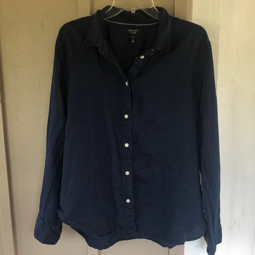 J. Crew Baird McNutt Irish Linen Navy Blue Button Down Shirt Slim Womens Size 18